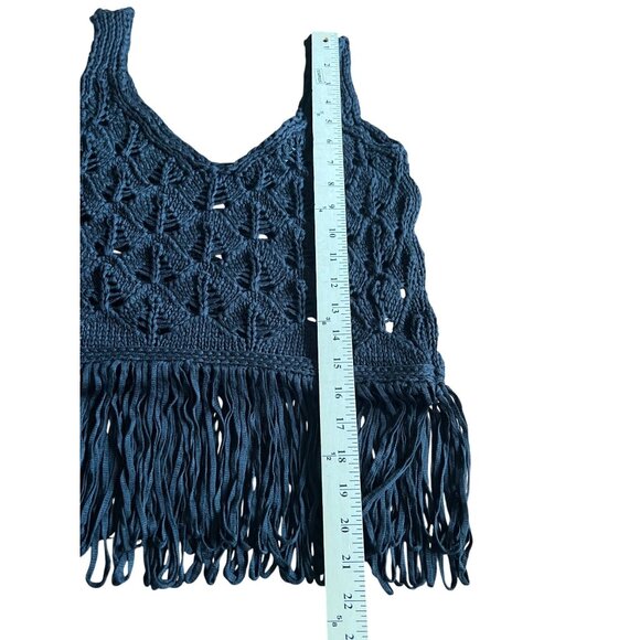 Zara Black Boho Open Weave Knit Crochet Fringe Tank Top Small - Picture 11 of 16